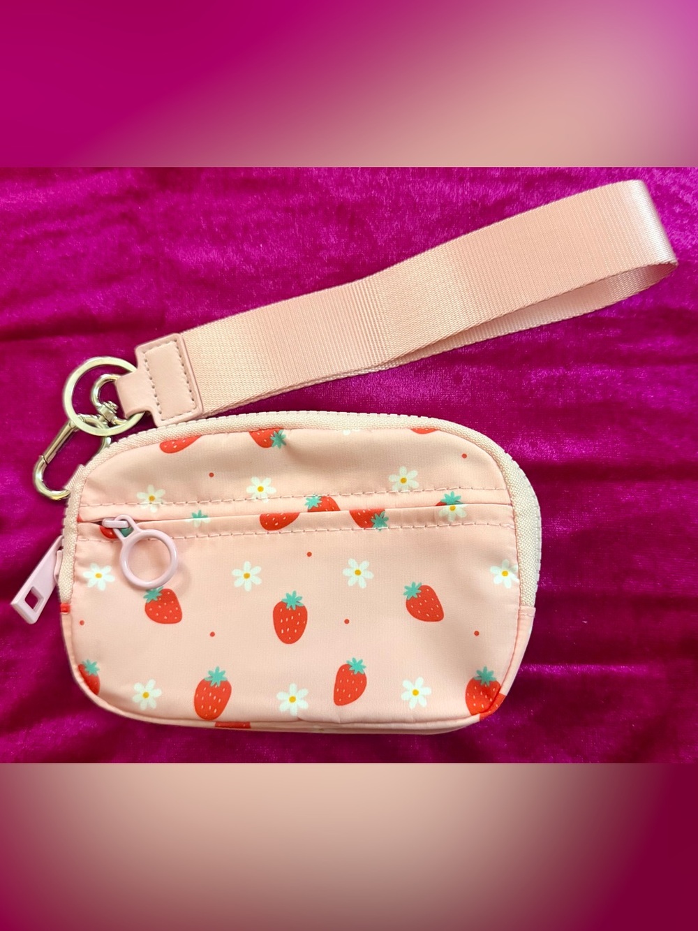Peach Pink Strawberry Print Wristlet Bag